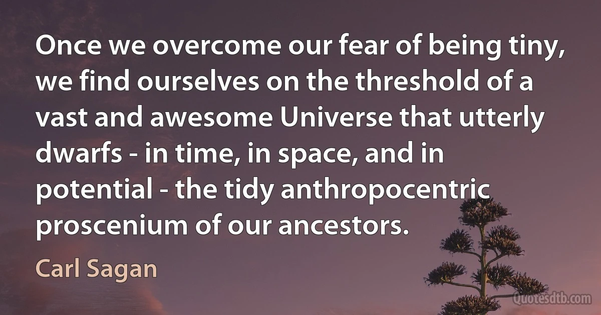 Once we overcome our fear of being tiny, we find ourselves on the threshold of a vast and awesome Universe that utterly dwarfs - in time, in space, and in potential - the tidy anthropocentric proscenium of our ancestors. (Carl Sagan)