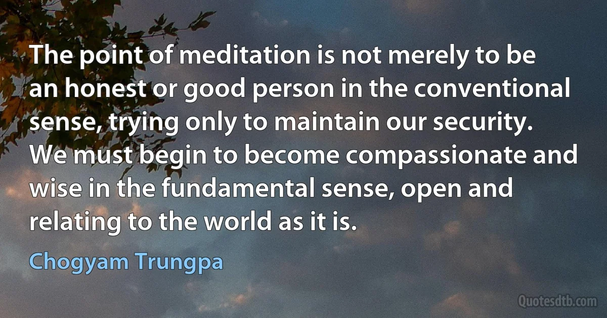 The point of meditation is not merely to be an honest or good person in the conventional sense, trying only to maintain our security. We must begin to become compassionate and wise in the fundamental sense, open and relating to the world as it is. (Chogyam Trungpa)