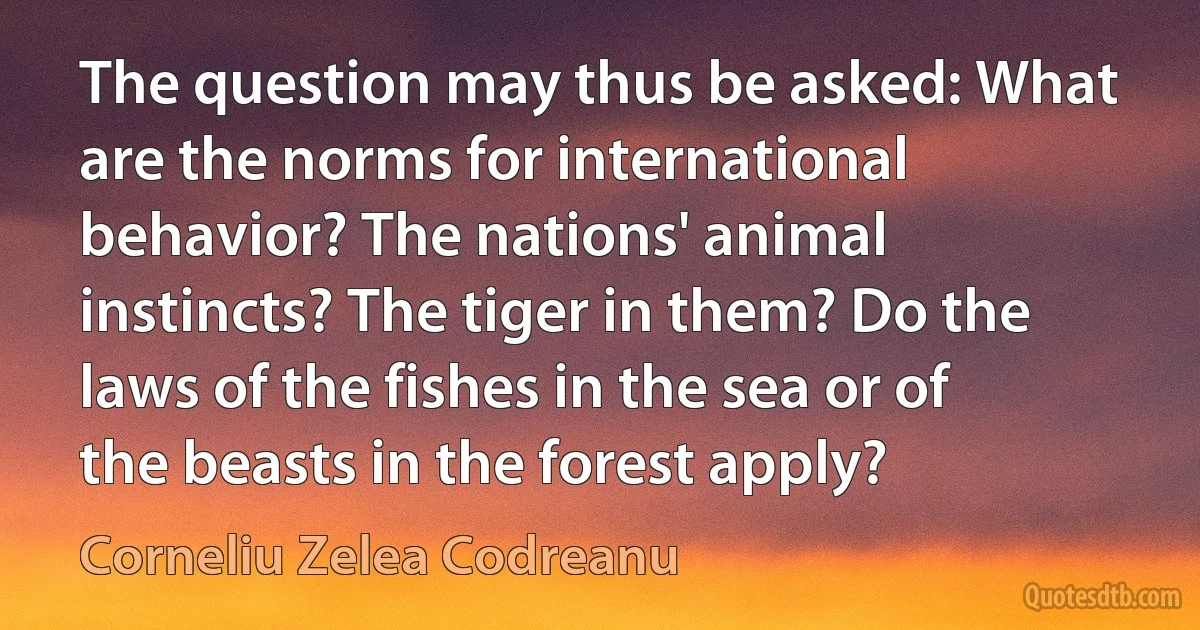 The question may thus be asked: What are the norms for international behavior? The nations' animal instincts? The tiger in them? Do the laws of the fishes in the sea or of the beasts in the forest apply? (Corneliu Zelea Codreanu)