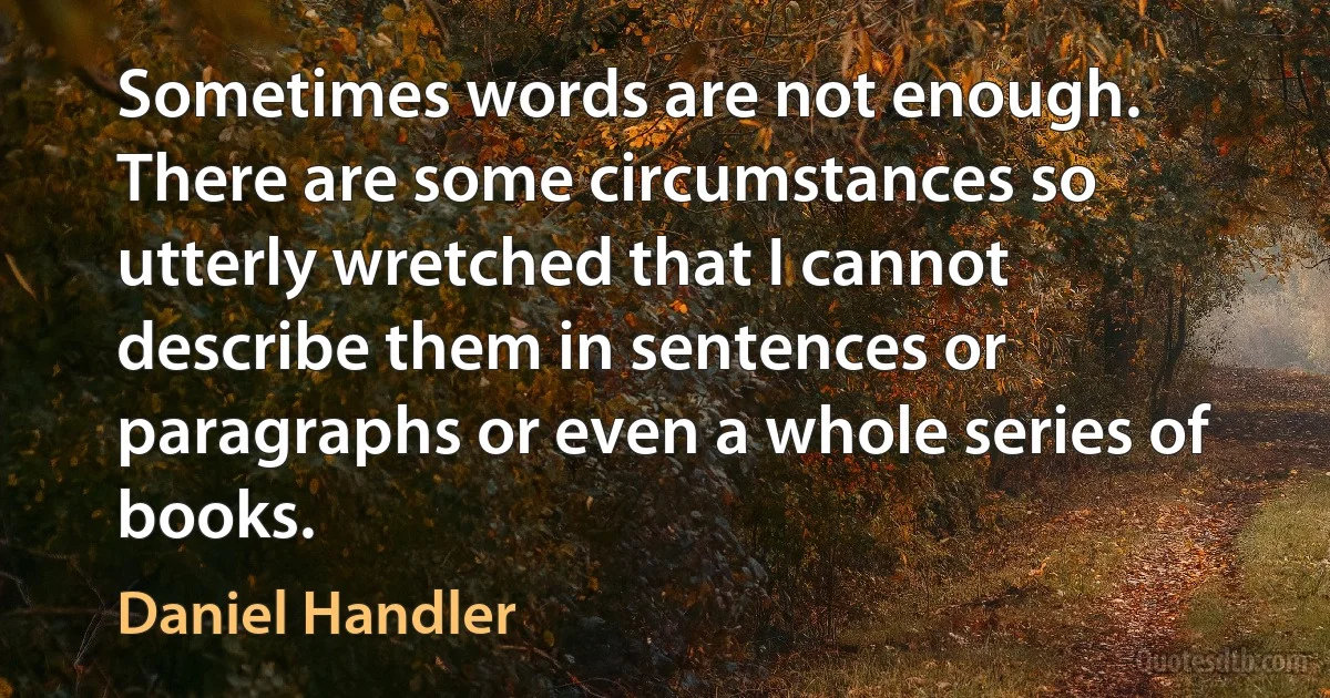 Sometimes words are not enough. There are some circumstances so utterly wretched that I cannot describe them in sentences or paragraphs or even a whole series of books. (Daniel Handler)