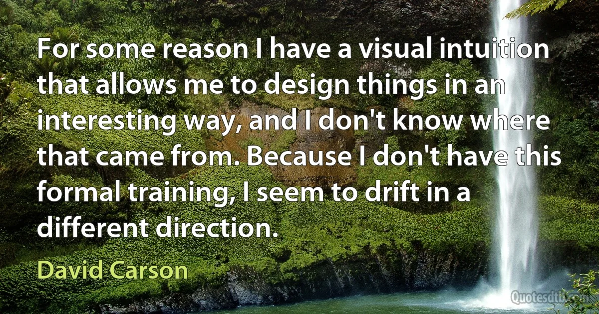 For some reason I have a visual intuition that allows me to design things in an interesting way, and I don't know where that came from. Because I don't have this formal training, I seem to drift in a different direction. (David Carson)