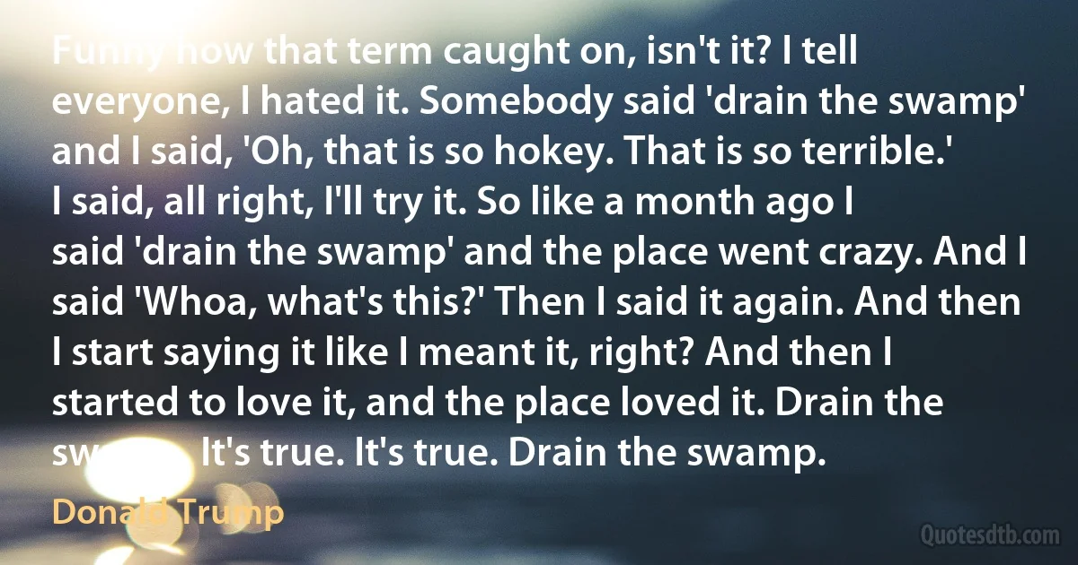 Funny how that term caught on, isn't it? I tell everyone, I hated it. Somebody said 'drain the swamp' and I said, 'Oh, that is so hokey. That is so terrible.' I said, all right, I'll try it. So like a month ago I said 'drain the swamp' and the place went crazy. And I said 'Whoa, what's this?' Then I said it again. And then I start saying it like I meant it, right? And then I started to love it, and the place loved it. Drain the swamp. It's true. It's true. Drain the swamp. (Donald Trump)