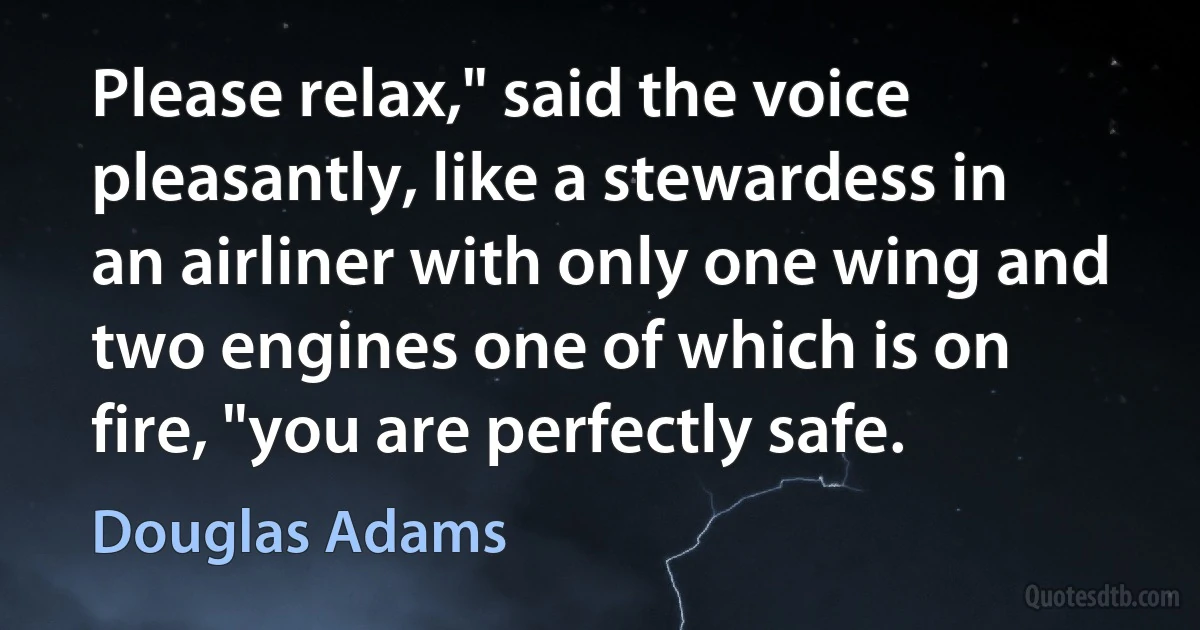 Please relax," said the voice pleasantly, like a stewardess in an airliner with only one wing and two engines one of which is on fire, "you are perfectly safe. (Douglas Adams)