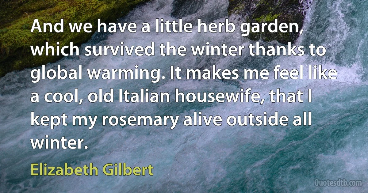 And we have a little herb garden, which survived the winter thanks to global warming. It makes me feel like a cool, old Italian housewife, that I kept my rosemary alive outside all winter. (Elizabeth Gilbert)