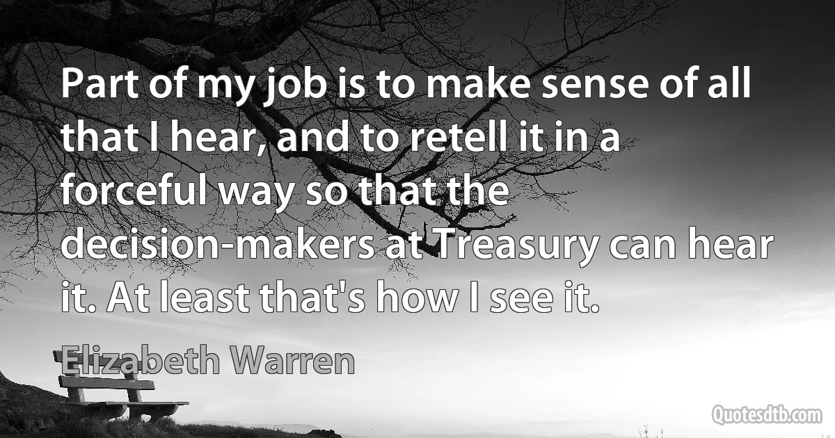 Part of my job is to make sense of all that I hear, and to retell it in a forceful way so that the decision-makers at Treasury can hear it. At least that's how I see it. (Elizabeth Warren)