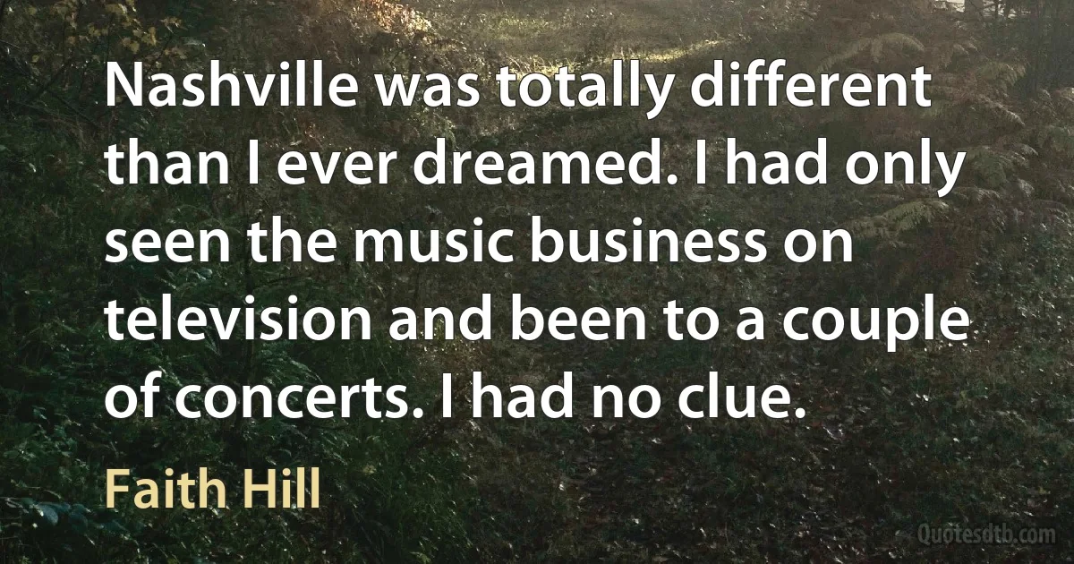 Nashville was totally different than I ever dreamed. I had only seen the music business on television and been to a couple of concerts. I had no clue. (Faith Hill)