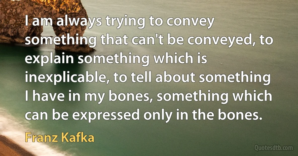 I am always trying to convey something that can't be conveyed, to explain something which is inexplicable, to tell about something I have in my bones, something which can be expressed only in the bones. (Franz Kafka)