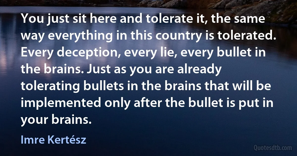 You just sit here and tolerate it, the same way everything in this country is tolerated. Every deception, every lie, every bullet in the brains. Just as you are already tolerating bullets in the brains that will be implemented only after the bullet is put in your brains. (Imre Kertész)