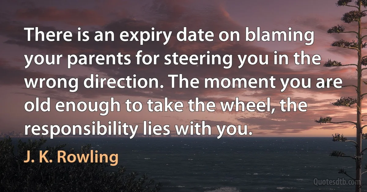 There is an expiry date on blaming your parents for steering you in the wrong direction. The moment you are old enough to take the wheel, the responsibility lies with you. (J. K. Rowling)