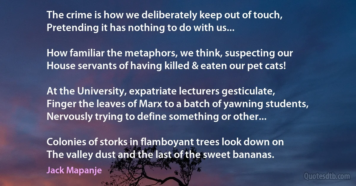 The crime is how we deliberately keep out of touch,
Pretending it has nothing to do with us...

How familiar the metaphors, we think, suspecting our
House servants of having killed & eaten our pet cats!

At the University, expatriate lecturers gesticulate,
Finger the leaves of Marx to a batch of yawning students,
Nervously trying to define something or other...

Colonies of storks in flamboyant trees look down on
The valley dust and the last of the sweet bananas. (Jack Mapanje)