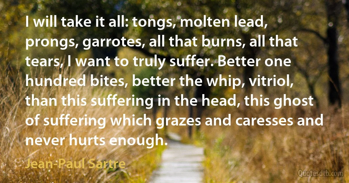 I will take it all: tongs, molten lead, prongs, garrotes, all that burns, all that tears, I want to truly suffer. Better one hundred bites, better the whip, vitriol, than this suffering in the head, this ghost of suffering which grazes and caresses and never hurts enough. (Jean-Paul Sartre)