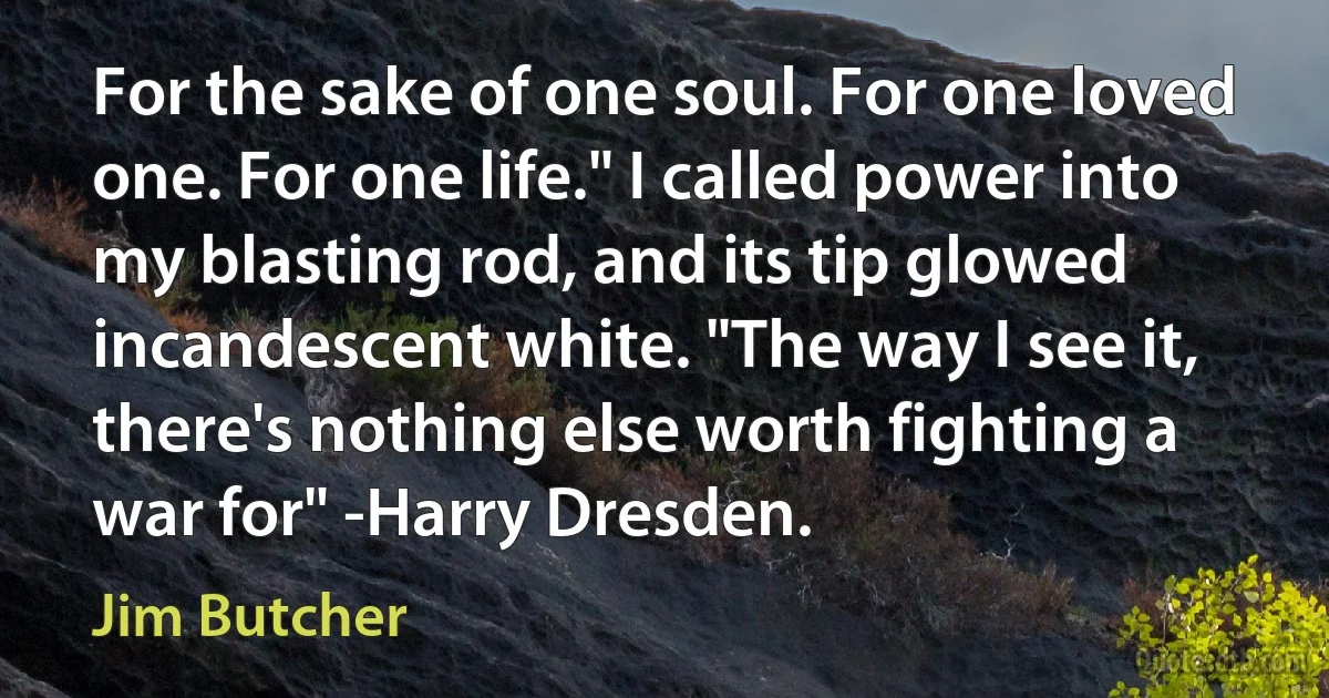 For the sake of one soul. For one loved one. For one life." I called power into my blasting rod, and its tip glowed incandescent white. "The way I see it, there's nothing else worth fighting a war for" -Harry Dresden. (Jim Butcher)