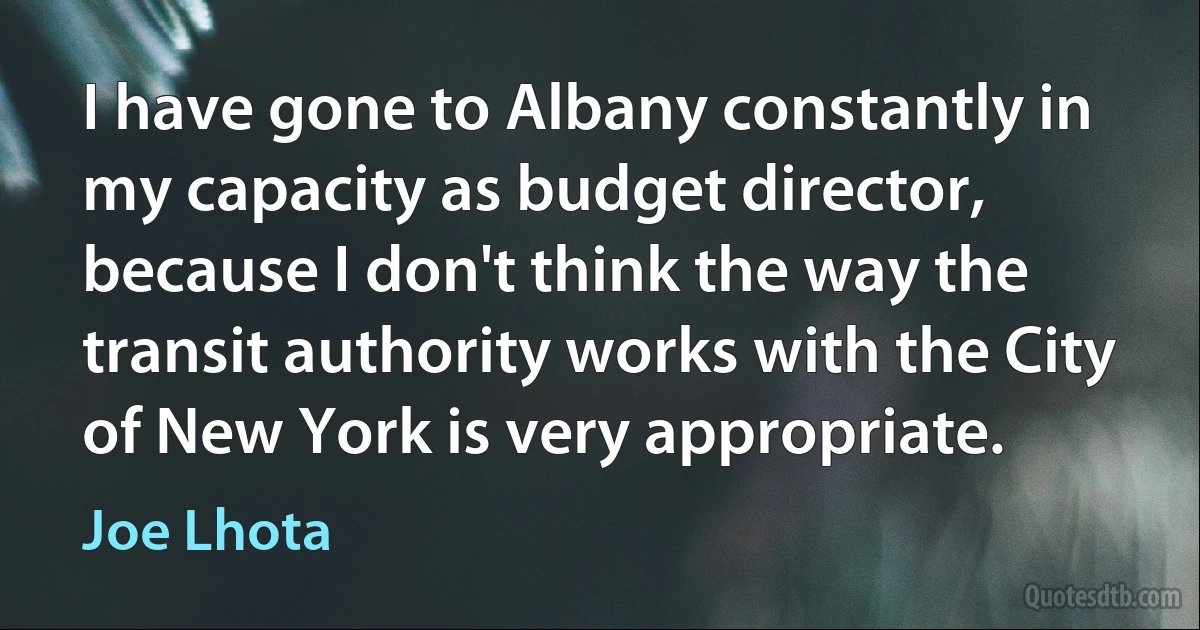 I have gone to Albany constantly in my capacity as budget director, because I don't think the way the transit authority works with the City of New York is very appropriate. (Joe Lhota)