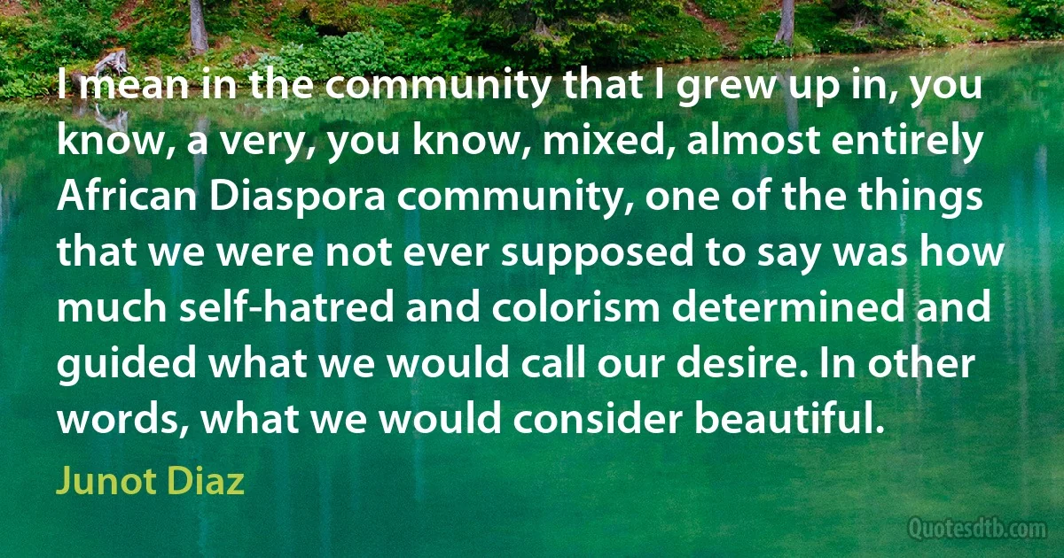 I mean in the community that I grew up in, you know, a very, you know, mixed, almost entirely African Diaspora community, one of the things that we were not ever supposed to say was how much self-hatred and colorism determined and guided what we would call our desire. In other words, what we would consider beautiful. (Junot Diaz)