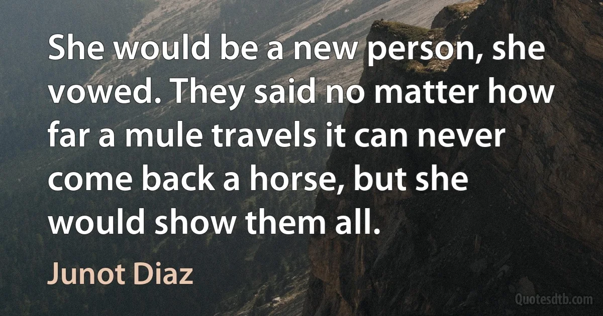 She would be a new person, she vowed. They said no matter how far a mule travels it can never come back a horse, but she would show them all. (Junot Diaz)