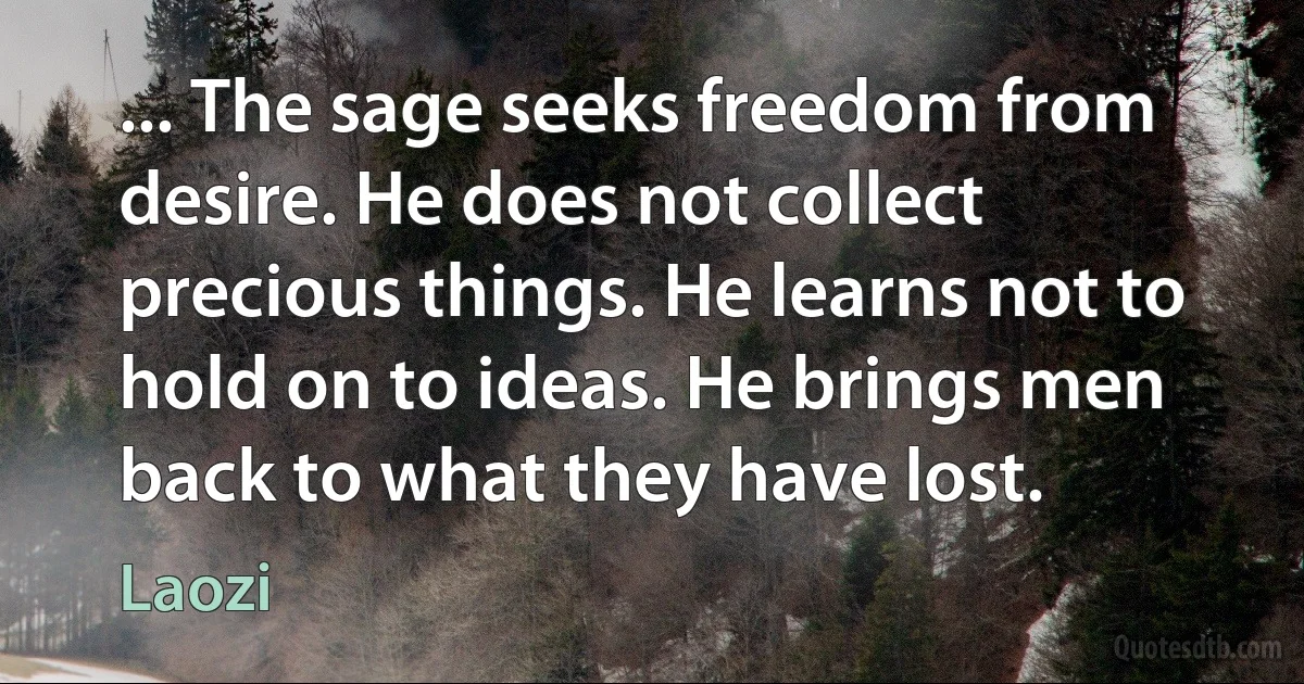 ... The sage seeks freedom from desire. He does not collect precious things. He learns not to hold on to ideas. He brings men back to what they have lost. (Laozi)