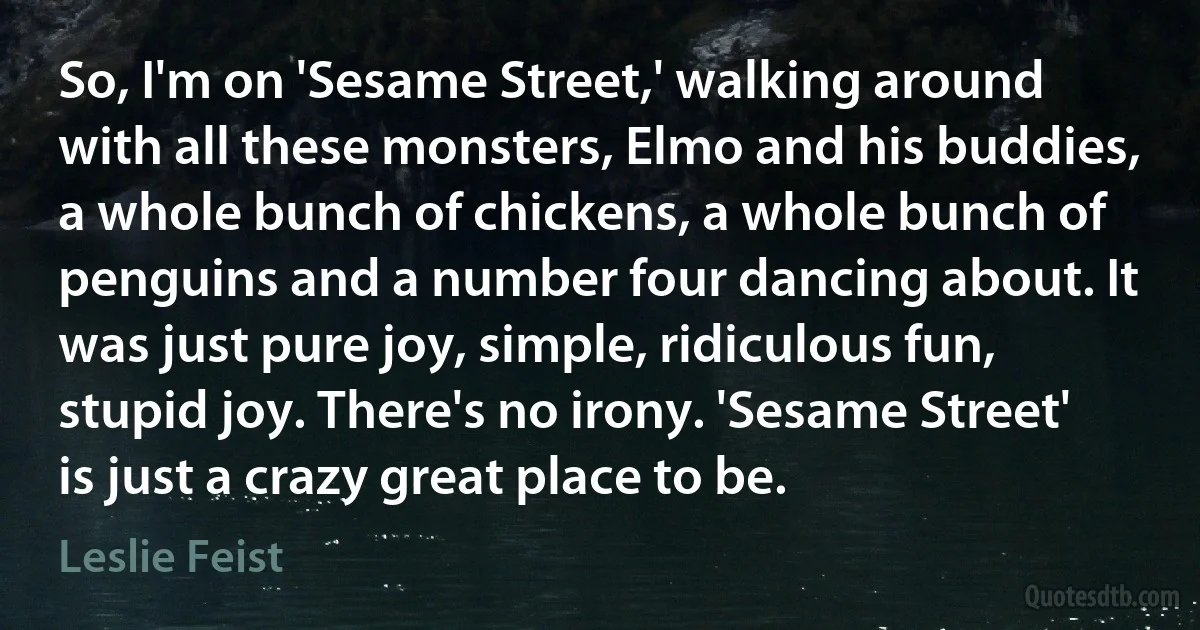 So, I'm on 'Sesame Street,' walking around with all these monsters, Elmo and his buddies, a whole bunch of chickens, a whole bunch of penguins and a number four dancing about. It was just pure joy, simple, ridiculous fun, stupid joy. There's no irony. 'Sesame Street' is just a crazy great place to be. (Leslie Feist)