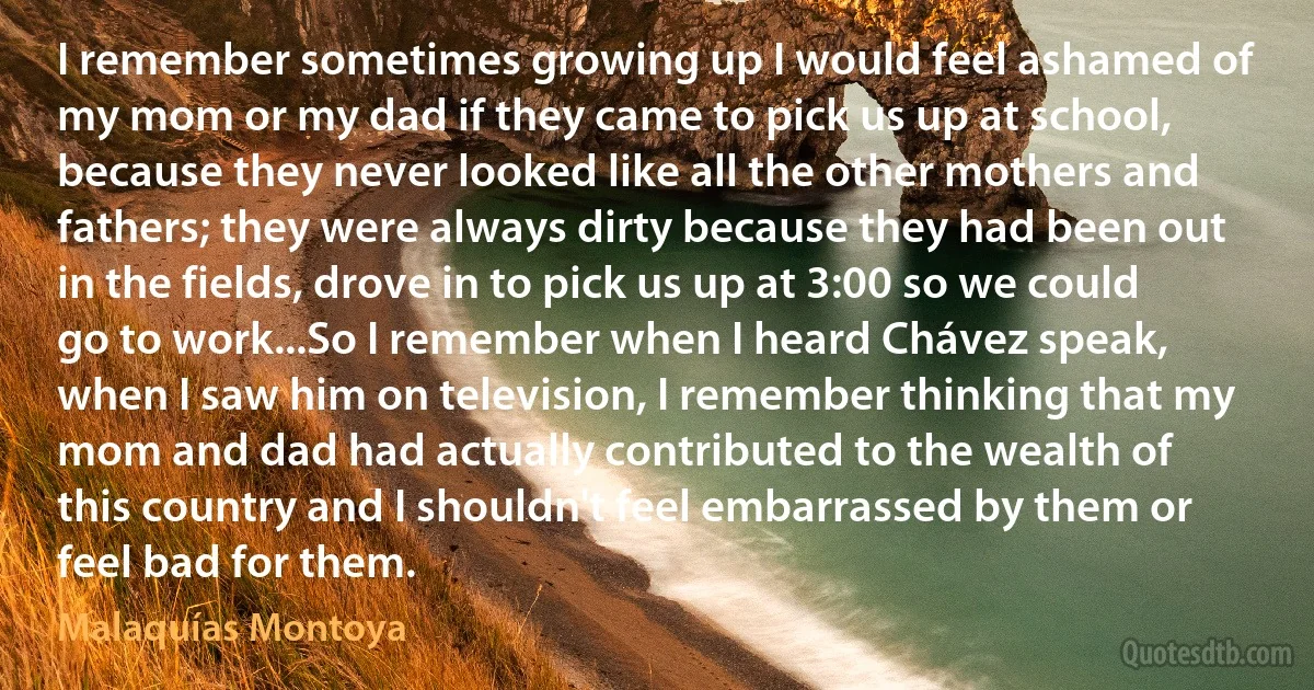 I remember sometimes growing up I would feel ashamed of my mom or my dad if they came to pick us up at school, because they never looked like all the other mothers and fathers; they were always dirty because they had been out in the fields, drove in to pick us up at 3:00 so we could go to work...So I remember when I heard Chávez speak, when I saw him on television, I remember thinking that my mom and dad had actually contributed to the wealth of this country and I shouldn't feel embarrassed by them or feel bad for them. (Malaquías Montoya)