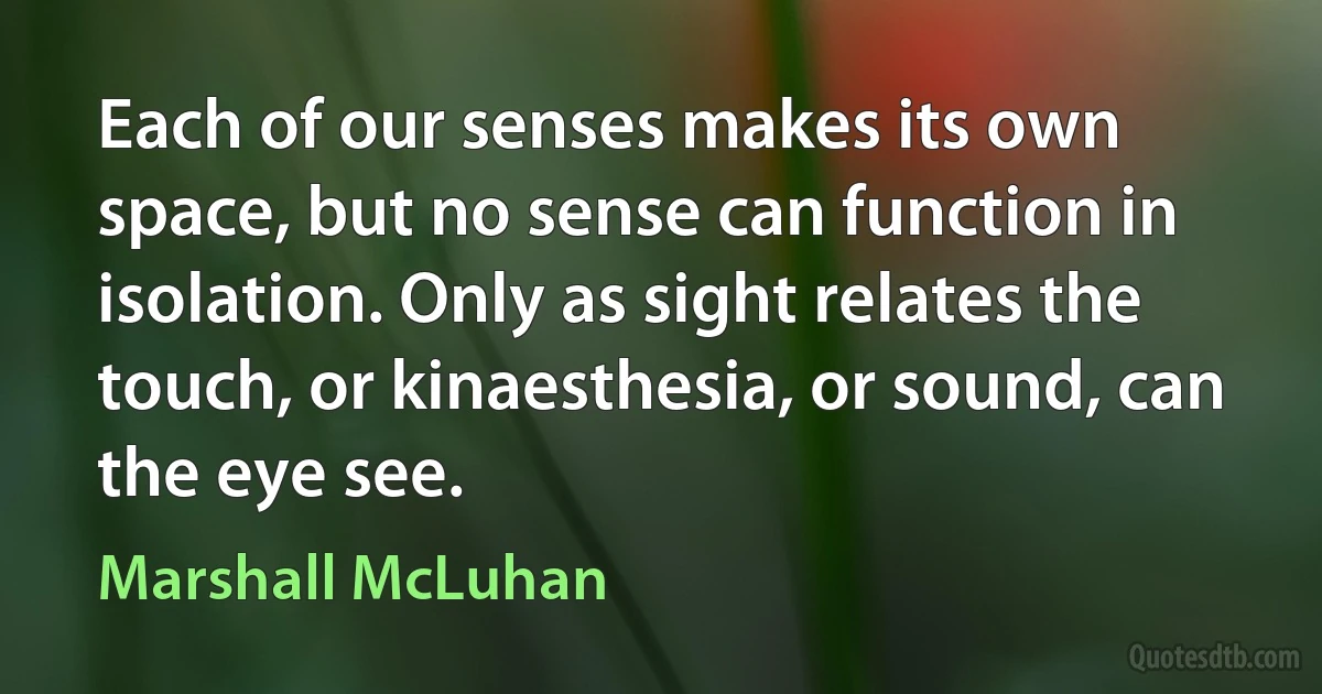 Each of our senses makes its own space, but no sense can function in isolation. Only as sight relates the touch, or kinaesthesia, or sound, can the eye see. (Marshall McLuhan)