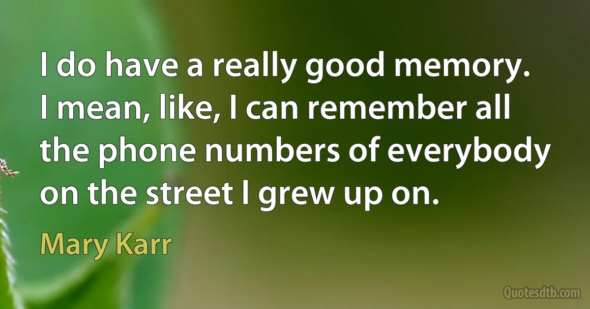 I do have a really good memory. I mean, like, I can remember all the phone numbers of everybody on the street I grew up on. (Mary Karr)