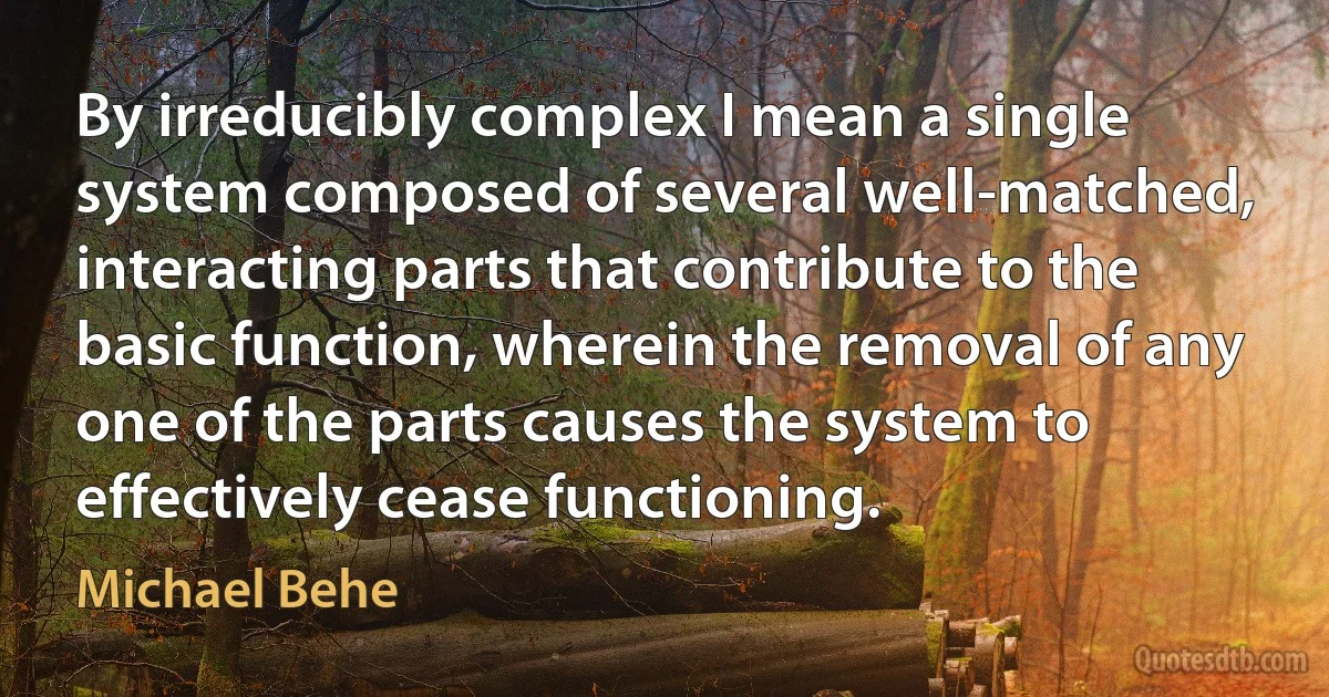 By irreducibly complex I mean a single system composed of several well-matched, interacting parts that contribute to the basic function, wherein the removal of any one of the parts causes the system to effectively cease functioning. (Michael Behe)