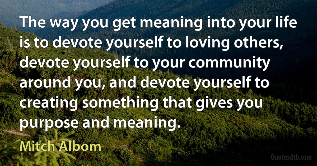 The way you get meaning into your life is to devote yourself to loving others, devote yourself to your community around you, and devote yourself to creating something that gives you purpose and meaning. (Mitch Albom)