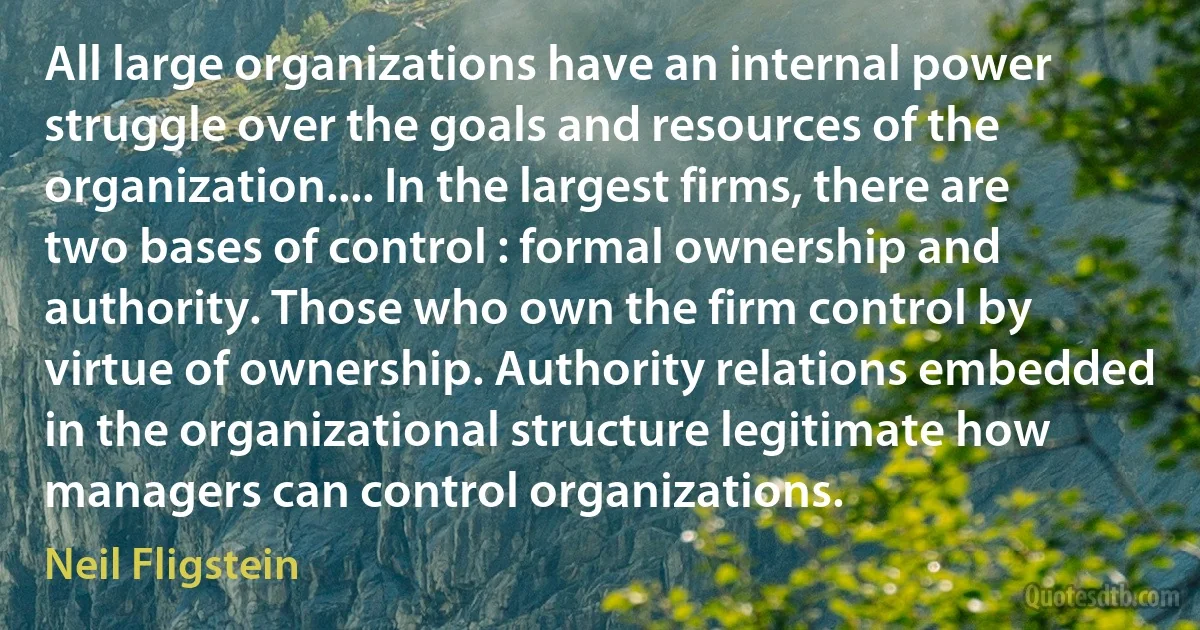 All large organizations have an internal power struggle over the goals and resources of the organization.... In the largest firms, there are two bases of control : formal ownership and authority. Those who own the firm control by virtue of ownership. Authority relations embedded in the organizational structure legitimate how managers can control organizations. (Neil Fligstein)