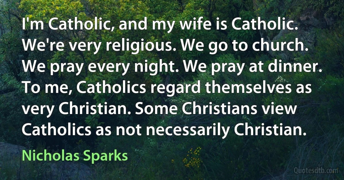 I'm Catholic, and my wife is Catholic. We're very religious. We go to church. We pray every night. We pray at dinner. To me, Catholics regard themselves as very Christian. Some Christians view Catholics as not necessarily Christian. (Nicholas Sparks)