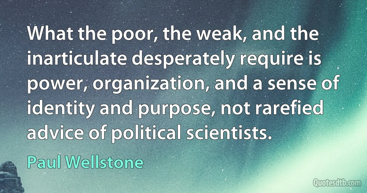 What the poor, the weak, and the inarticulate desperately require is power, organization, and a sense of identity and purpose, not rarefied advice of political scientists. (Paul Wellstone)