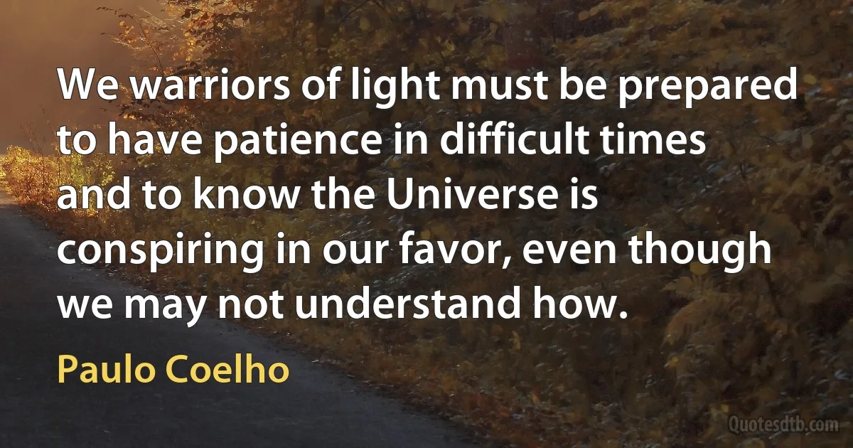 We warriors of light must be prepared to have patience in difficult times and to know the Universe is conspiring in our favor, even though we may not understand how. (Paulo Coelho)