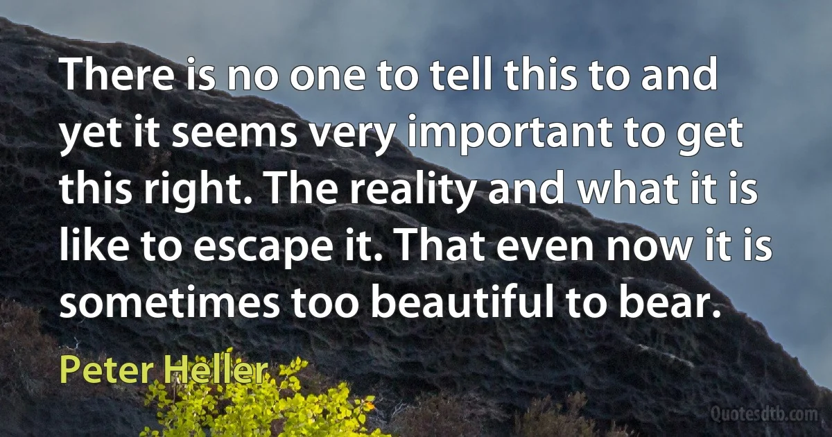 There is no one to tell this to and yet it seems very important to get this right. The reality and what it is like to escape it. That even now it is sometimes too beautiful to bear. (Peter Heller)