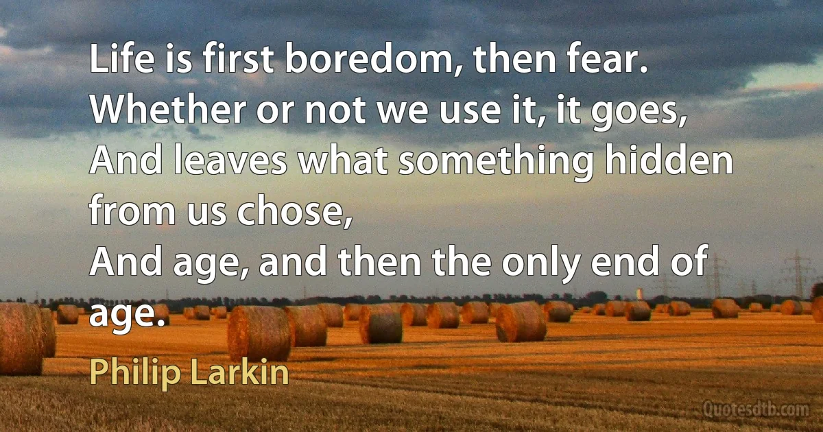 Life is first boredom, then fear.
Whether or not we use it, it goes,
And leaves what something hidden from us chose,
And age, and then the only end of age. (Philip Larkin)