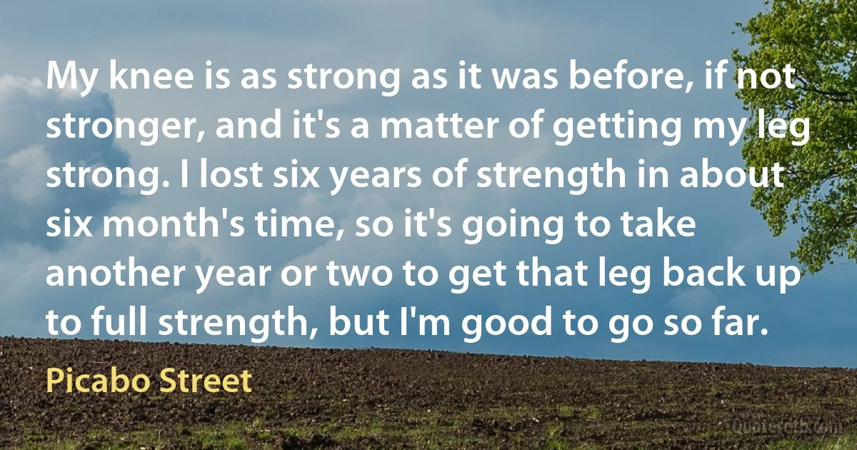 My knee is as strong as it was before, if not stronger, and it's a matter of getting my leg strong. I lost six years of strength in about six month's time, so it's going to take another year or two to get that leg back up to full strength, but I'm good to go so far. (Picabo Street)