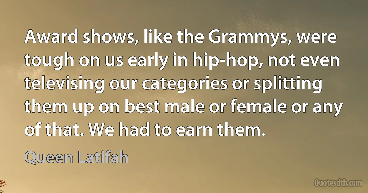 Award shows, like the Grammys, were tough on us early in hip-hop, not even televising our categories or splitting them up on best male or female or any of that. We had to earn them. (Queen Latifah)