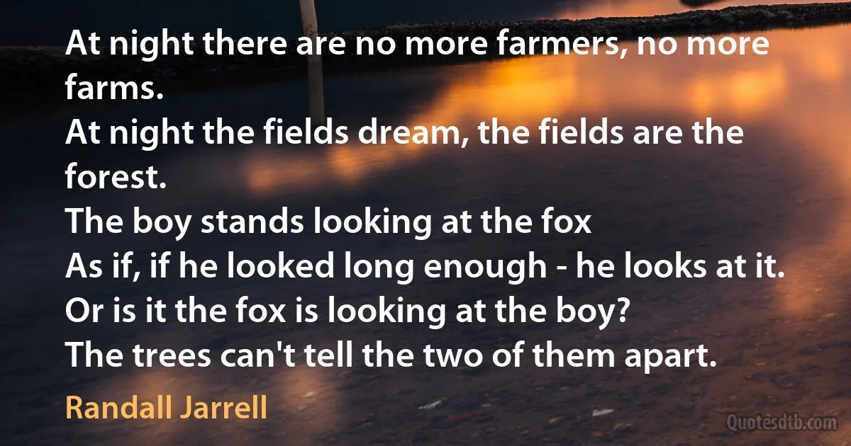 At night there are no more farmers, no more farms.
At night the fields dream, the fields are the forest.
The boy stands looking at the fox
As if, if he looked long enough - he looks at it.
Or is it the fox is looking at the boy?
The trees can't tell the two of them apart. (Randall Jarrell)