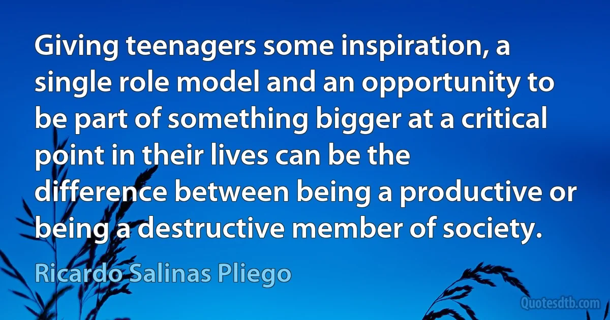 Giving teenagers some inspiration, a single role model and an opportunity to be part of something bigger at a critical point in their lives can be the difference between being a productive or being a destructive member of society. (Ricardo Salinas Pliego)