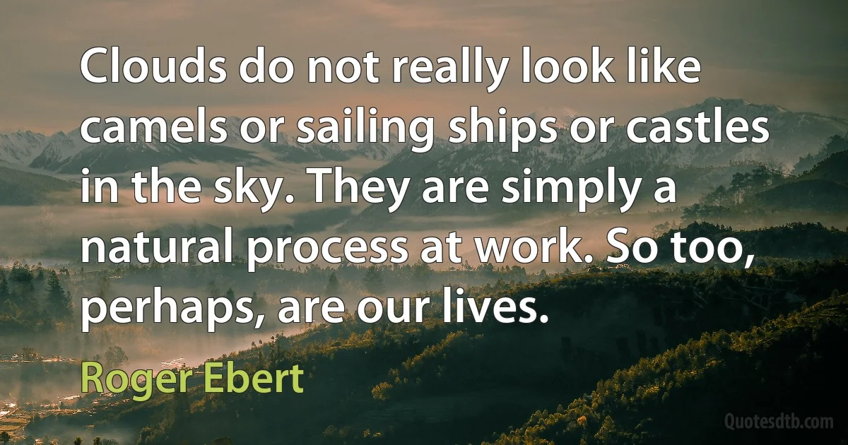 Clouds do not really look like camels or sailing ships or castles in the sky. They are simply a natural process at work. So too, perhaps, are our lives. (Roger Ebert)