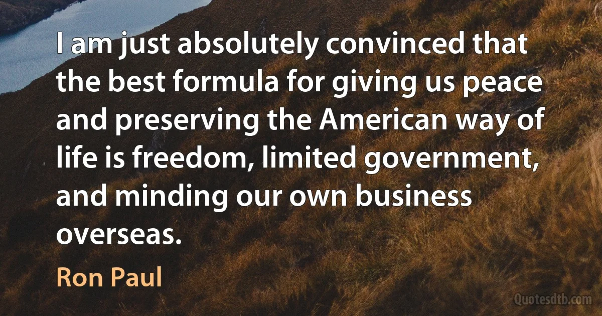 I am just absolutely convinced that the best formula for giving us peace and preserving the American way of life is freedom, limited government, and minding our own business overseas. (Ron Paul)