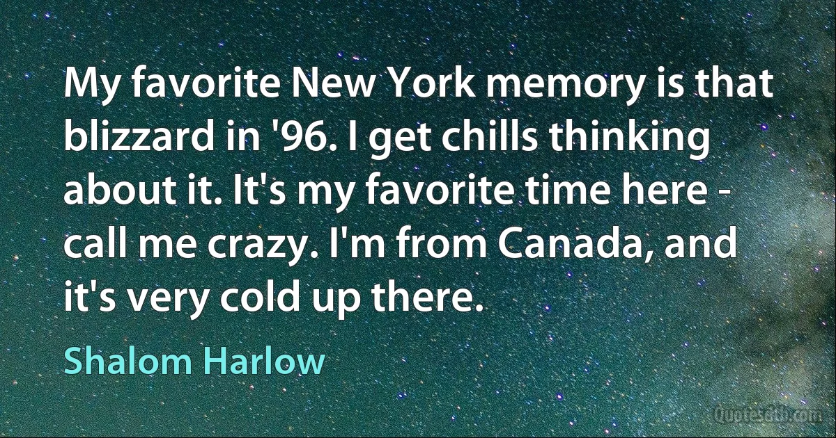 My favorite New York memory is that blizzard in '96. I get chills thinking about it. It's my favorite time here - call me crazy. I'm from Canada, and it's very cold up there. (Shalom Harlow)