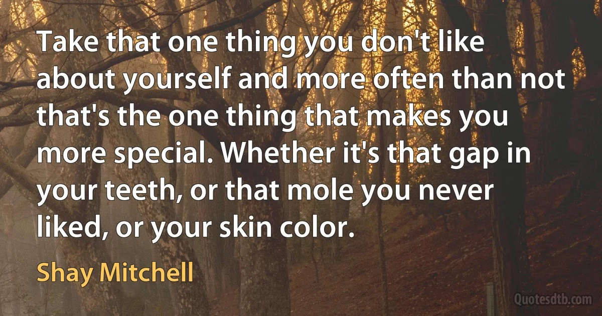 Take that one thing you don't like about yourself and more often than not that's the one thing that makes you more special. Whether it's that gap in your teeth, or that mole you never liked, or your skin color. (Shay Mitchell)