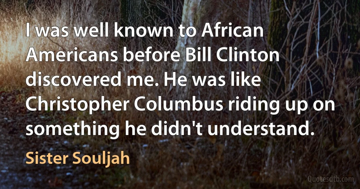 I was well known to African Americans before Bill Clinton discovered me. He was like Christopher Columbus riding up on something he didn't understand. (Sister Souljah)