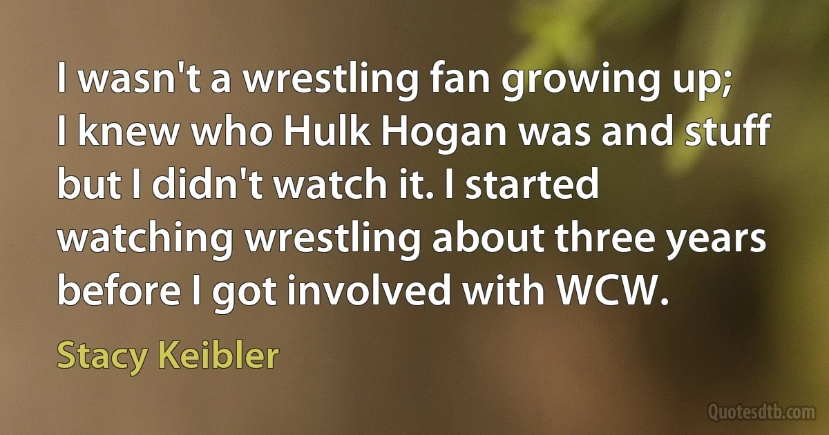 I wasn't a wrestling fan growing up; I knew who Hulk Hogan was and stuff but I didn't watch it. I started watching wrestling about three years before I got involved with WCW. (Stacy Keibler)