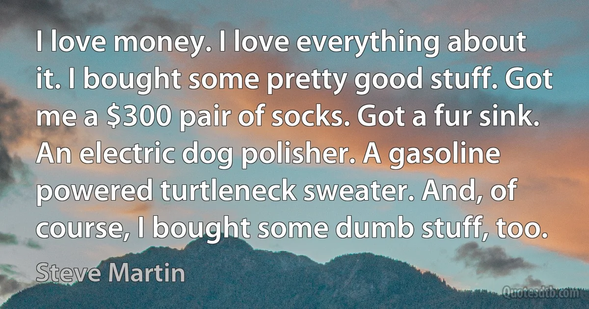 I love money. I love everything about it. I bought some pretty good stuff. Got me a $300 pair of socks. Got a fur sink. An electric dog polisher. A gasoline powered turtleneck sweater. And, of course, I bought some dumb stuff, too. (Steve Martin)