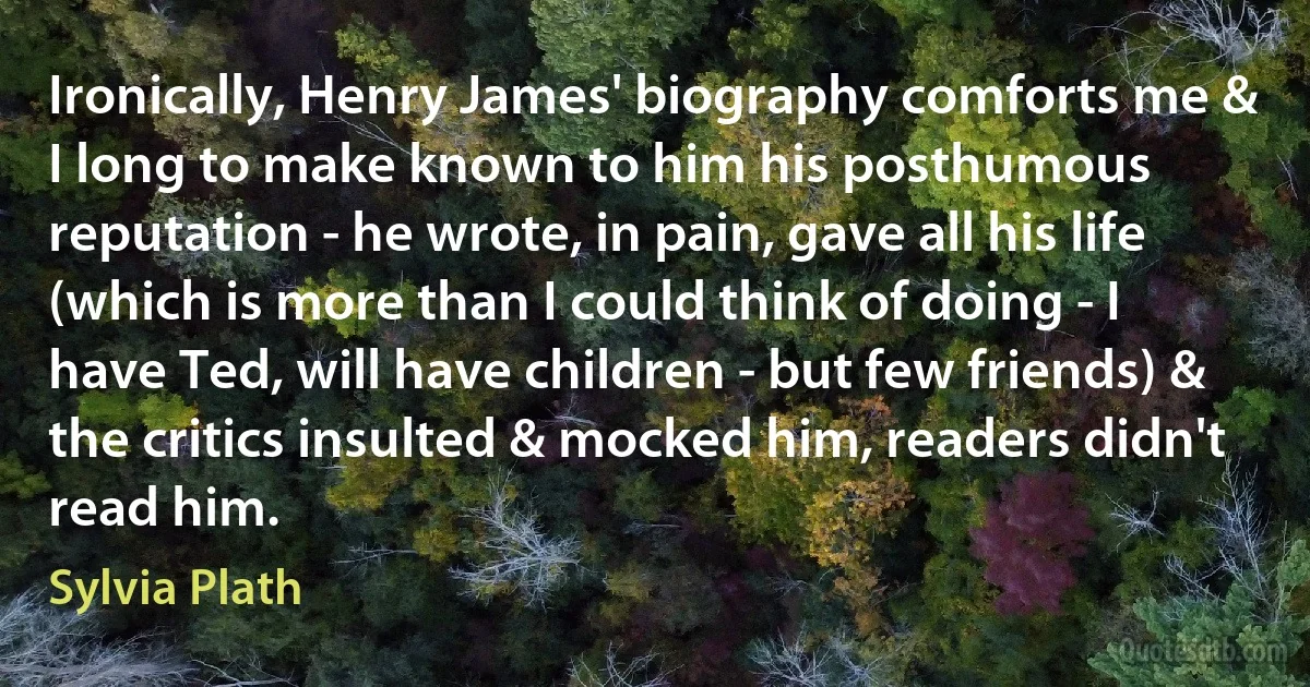 Ironically, Henry James' biography comforts me & I long to make known to him his posthumous reputation - he wrote, in pain, gave all his life (which is more than I could think of doing - I have Ted, will have children - but few friends) & the critics insulted & mocked him, readers didn't read him. (Sylvia Plath)