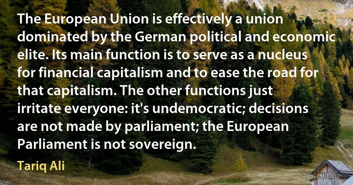 The European Union is effectively a union dominated by the German political and economic elite. Its main function is to serve as a nucleus for financial capitalism and to ease the road for that capitalism. The other functions just irritate everyone: it's undemocratic; decisions are not made by parliament; the European Parliament is not sovereign. (Tariq Ali)