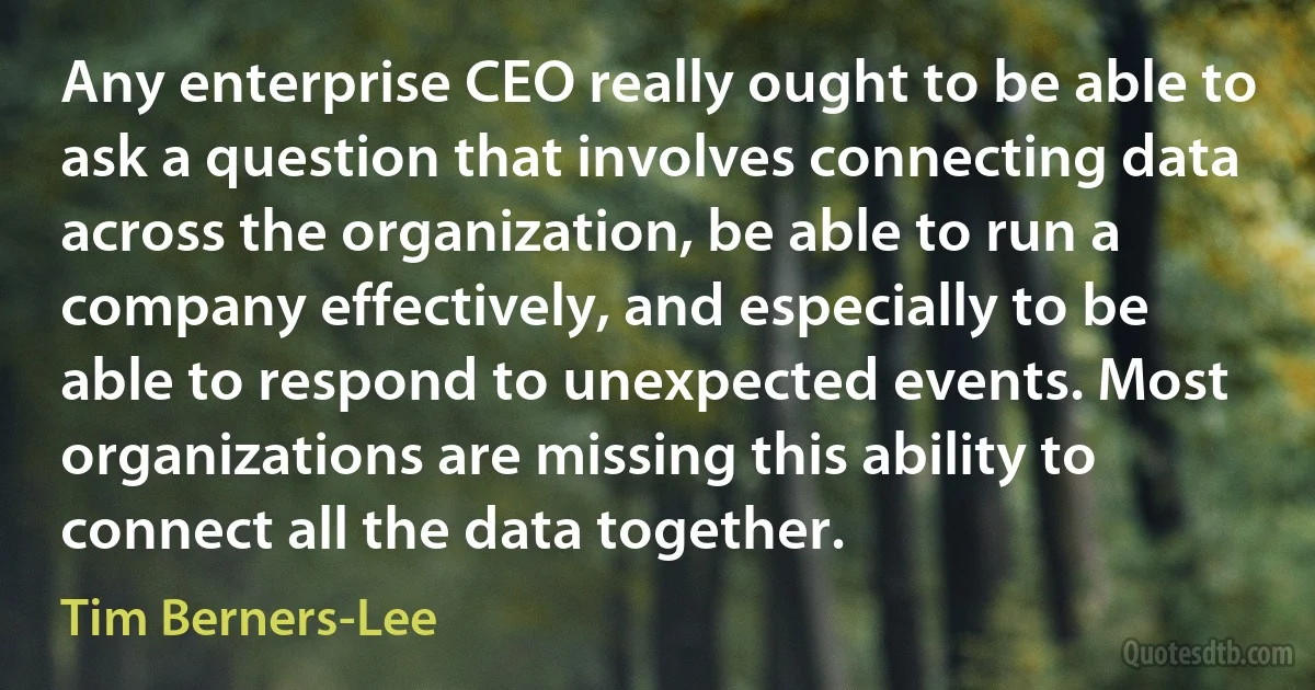 Any enterprise CEO really ought to be able to ask a question that involves connecting data across the organization, be able to run a company effectively, and especially to be able to respond to unexpected events. Most organizations are missing this ability to connect all the data together. (Tim Berners-Lee)