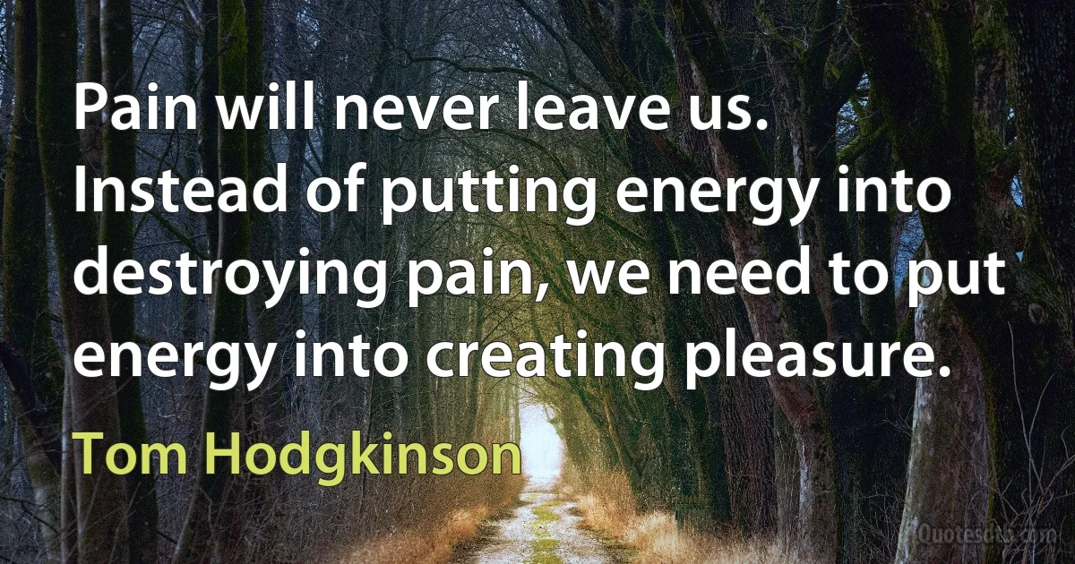 Pain will never leave us. Instead of putting energy into destroying pain, we need to put energy into creating pleasure. (Tom Hodgkinson)