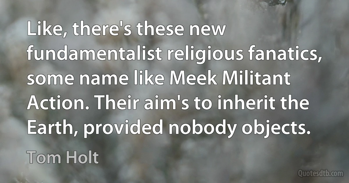 Like, there's these new fundamentalist religious fanatics, some name like Meek Militant Action. Their aim's to inherit the Earth, provided nobody objects. (Tom Holt)