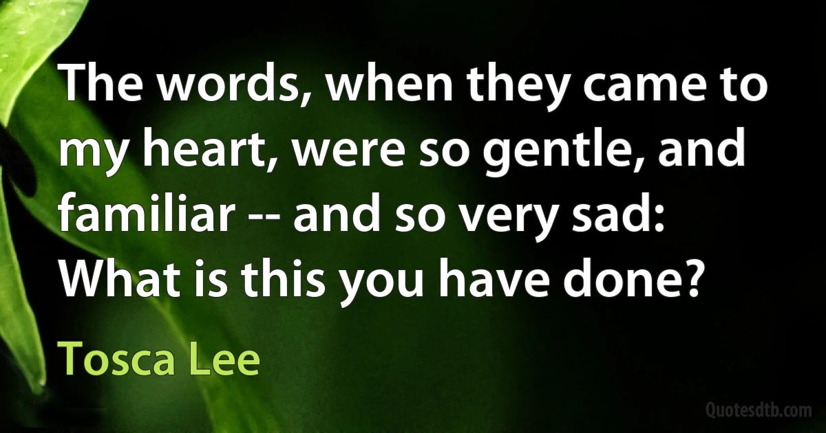 The words, when they came to my heart, were so gentle, and familiar -- and so very sad: What is this you have done? (Tosca Lee)