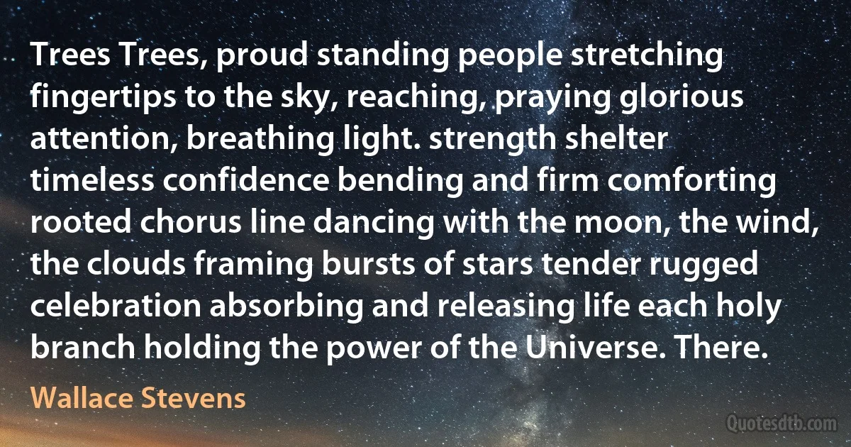 Trees Trees, proud standing people stretching fingertips to the sky, reaching, praying glorious attention, breathing light. strength shelter timeless confidence bending and firm comforting rooted chorus line dancing with the moon, the wind, the clouds framing bursts of stars tender rugged celebration absorbing and releasing life each holy branch holding the power of the Universe. There. (Wallace Stevens)